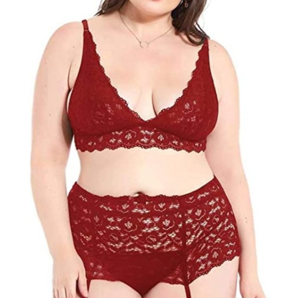 Women's Plus Size Red Lace Floral Bra Garter Belt G Sting Panty Lingerie Set